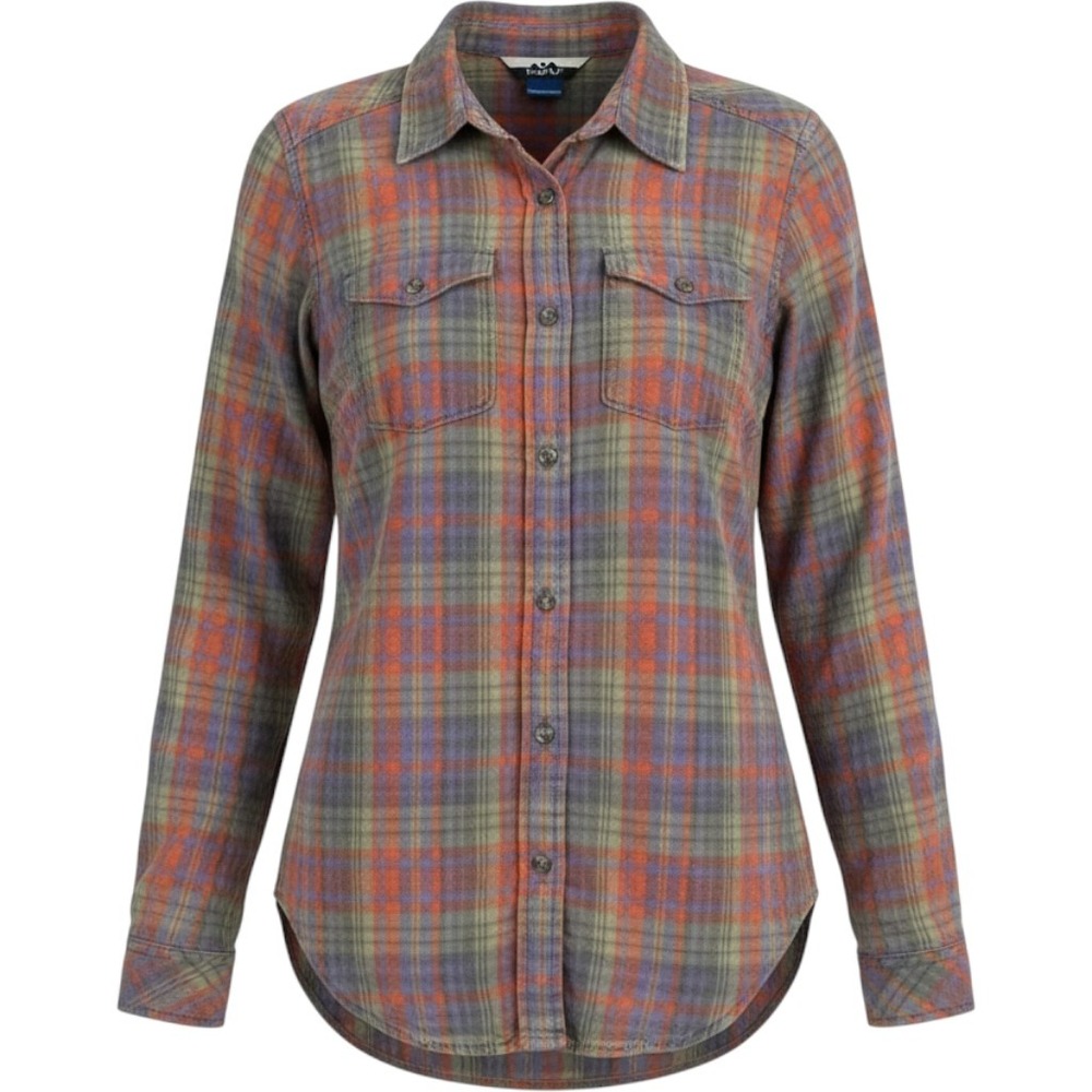 KAVU Womens Long Sleeve Plaid Flannel Shirt Orange Purple Elbow Patches Size S